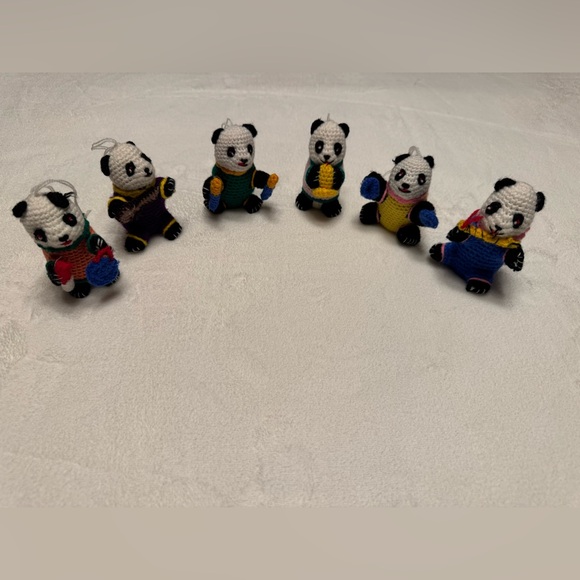 Other - 6 Vintage Handmade Crochet Panda Bear Christmas Ornaments